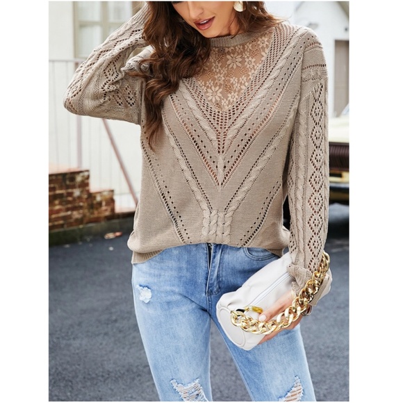 Lace Detail Mocha Knit Long Sleeve Light Sweater Top - Picture 4 of 11